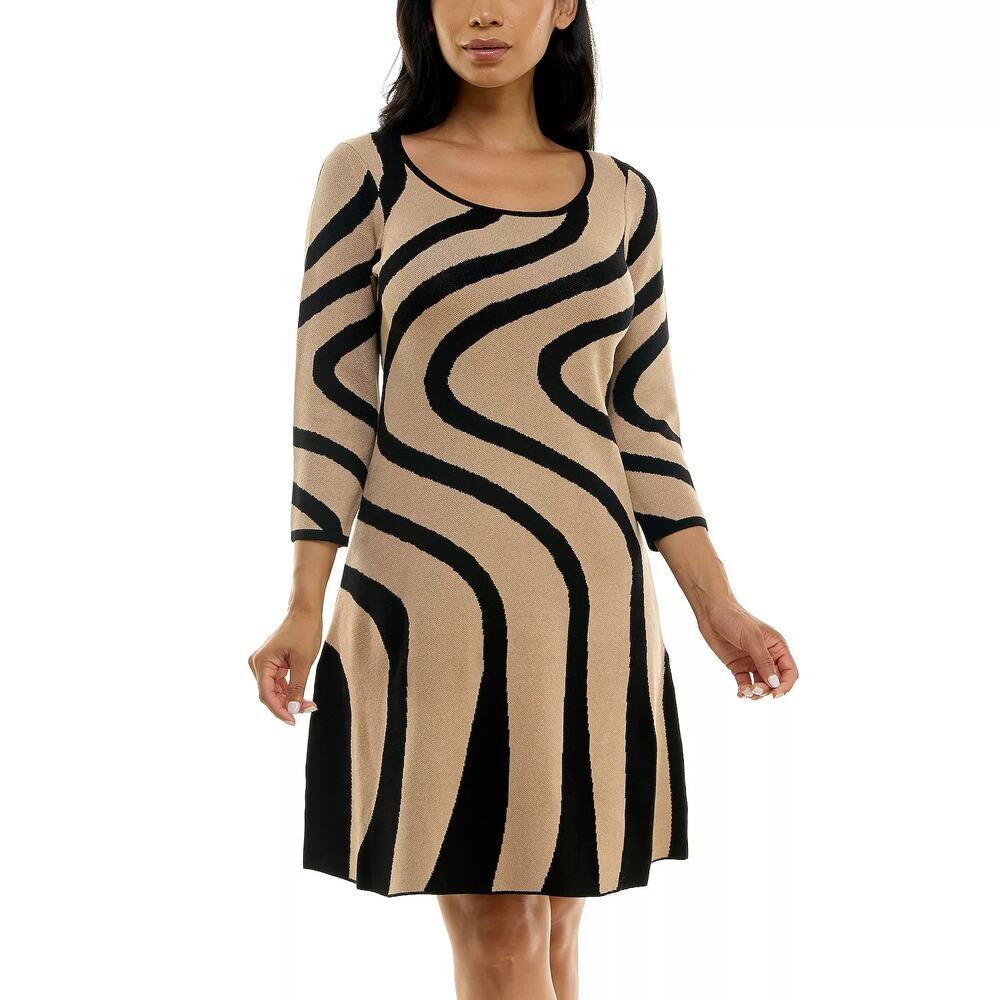 Nina Leonard A-Line Jacquard Sweater Dress Swirl Wave Print Size M NWOT